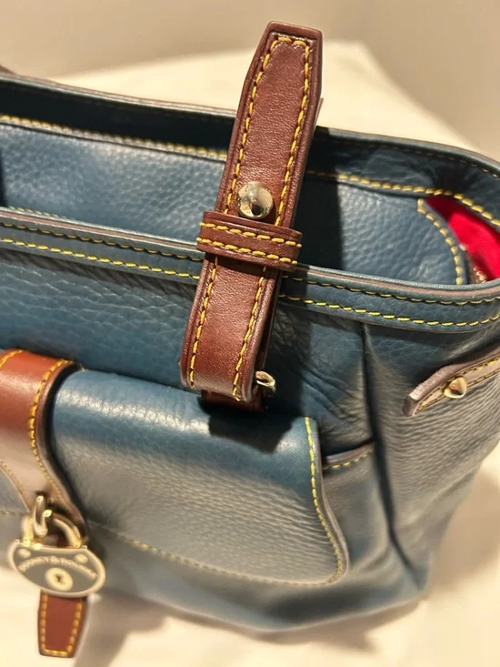 Dooney & Bourke Blue Leather Tote with Brown Trim and Gold Hardware - Picture 5 of 15